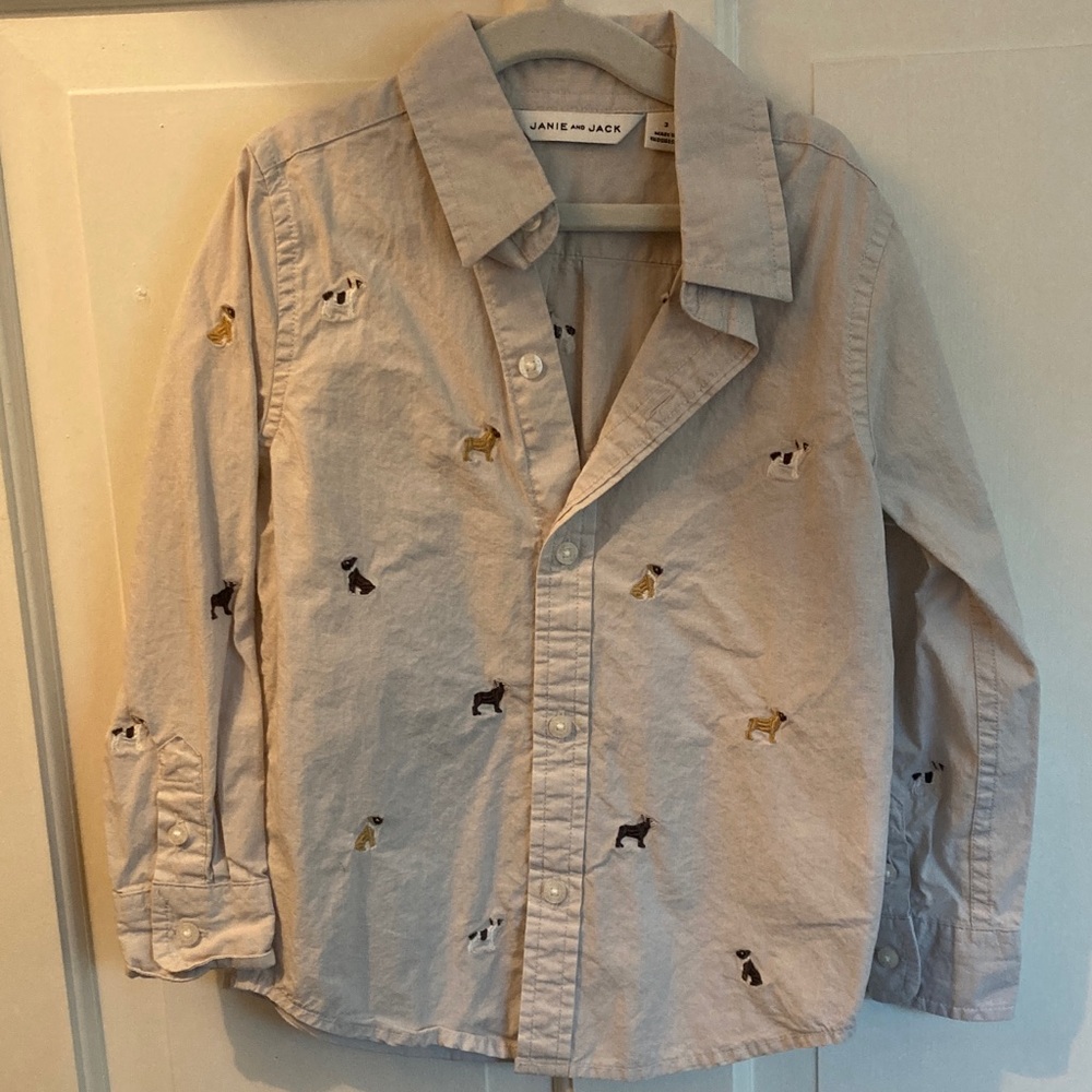 Janie and Jack size 3 Kids' grey button down w French Bulldog embroidery, NWOT